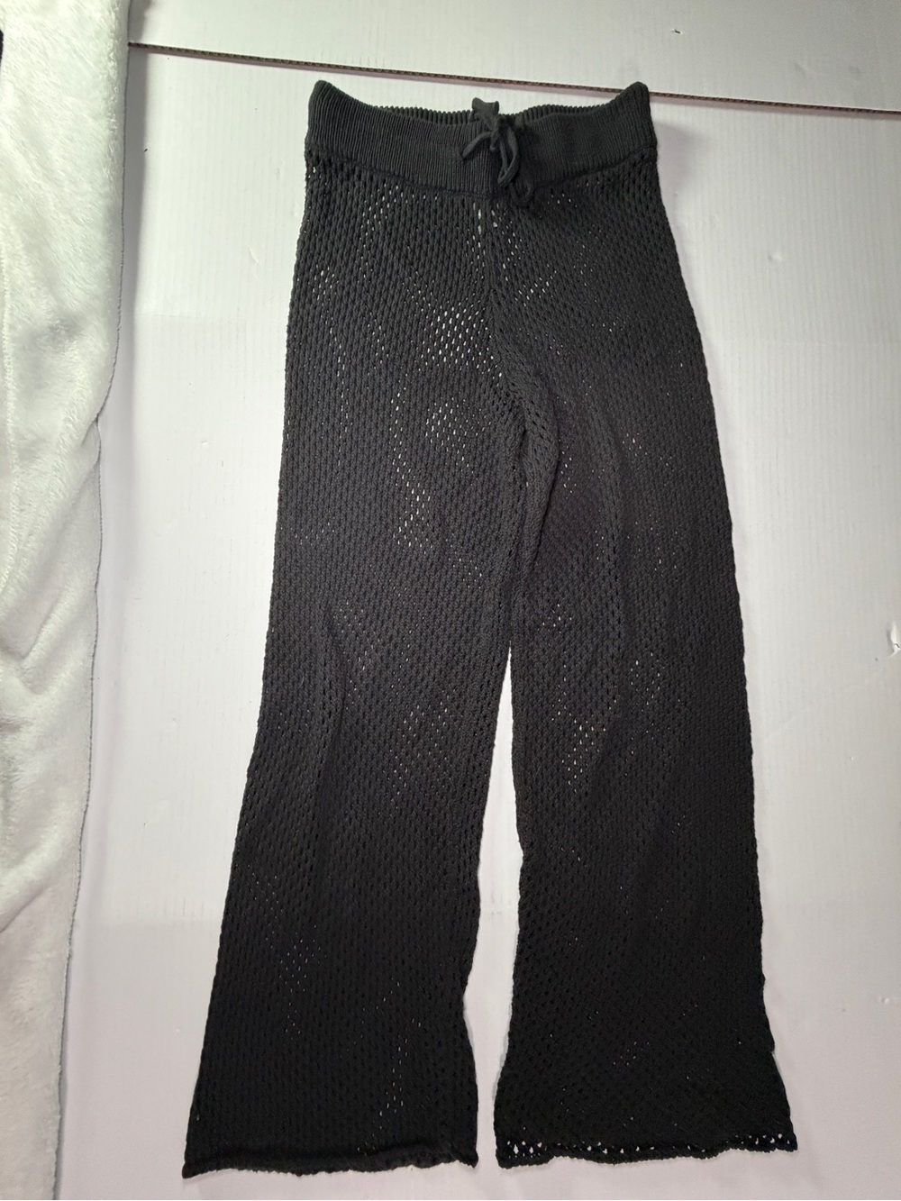 WeWoreWhat Black Open-Knit crochet Wide Leg Pants with Drawstring Waist
